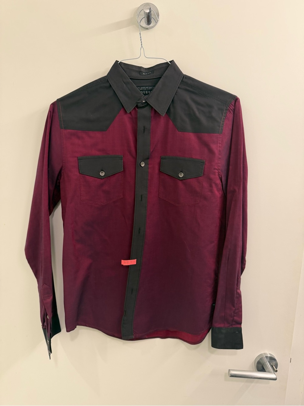 Guess Men's Burgundy and Black Western-Style Button-Down Shirt